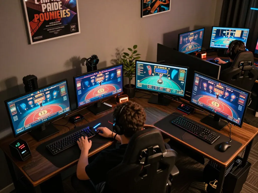 Experience immersive gaming with ee88 on a multitasking professional gaming setup with multiple screens.
