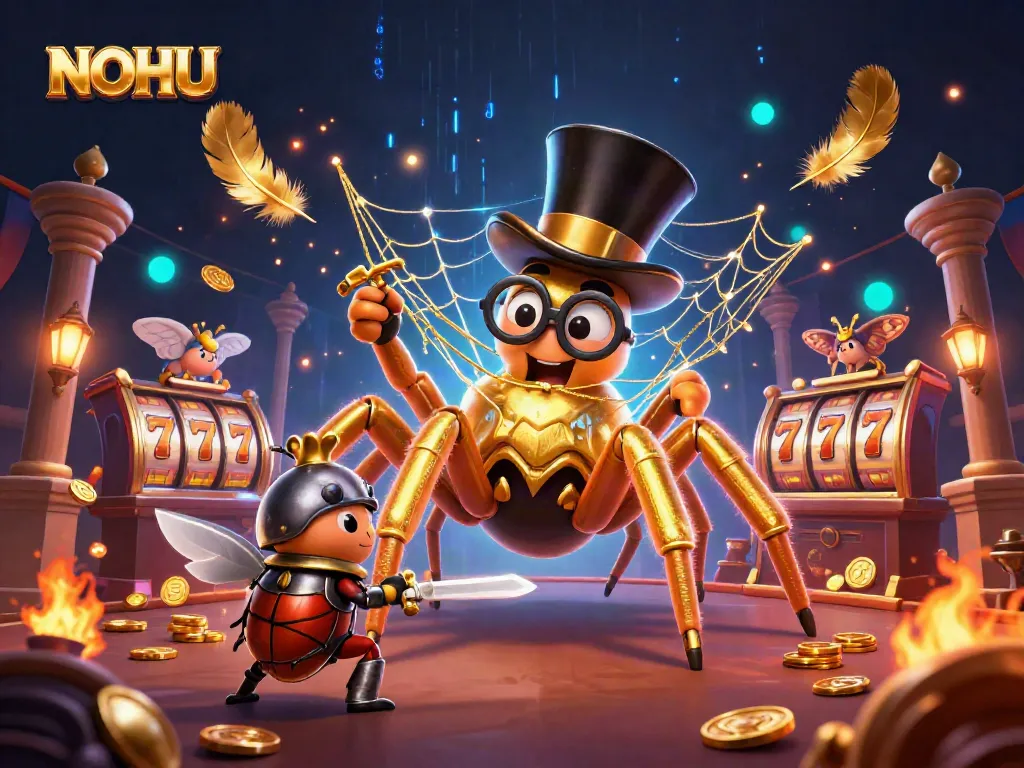 Experience the thrill of winning at NOHU with vibrant casino scenes featuring a giant tarantula and knight!