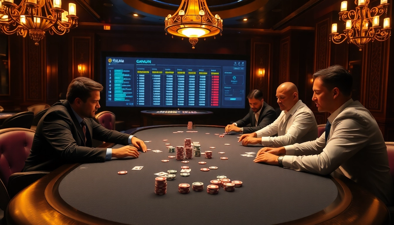 Experience high-stakes betting at KJC's luxurious casino, showcasing intense poker gameplay and an elegant atmosphere.