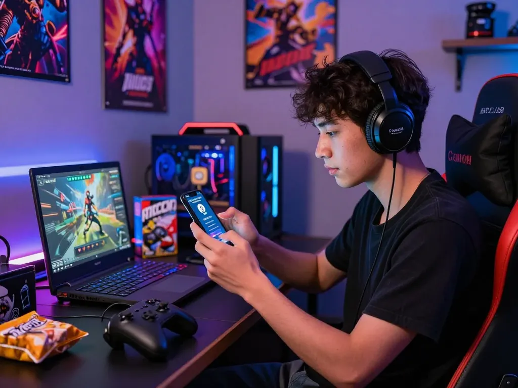 Experience the thrill of gaming by downloading tải game hitclub mới nhất on your smartphone amidst a vibrant gaming setup.