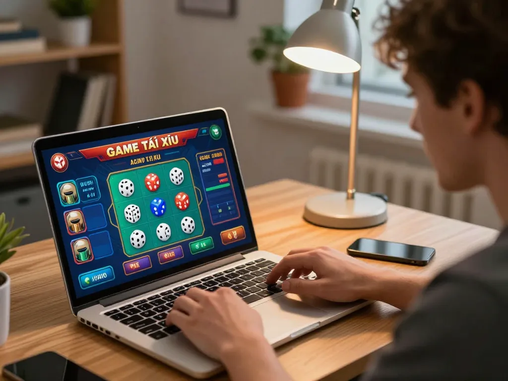 Engaged in a Game Tài Xỉu online session, a player strategizes with laptop and dice display in cozy home setting.