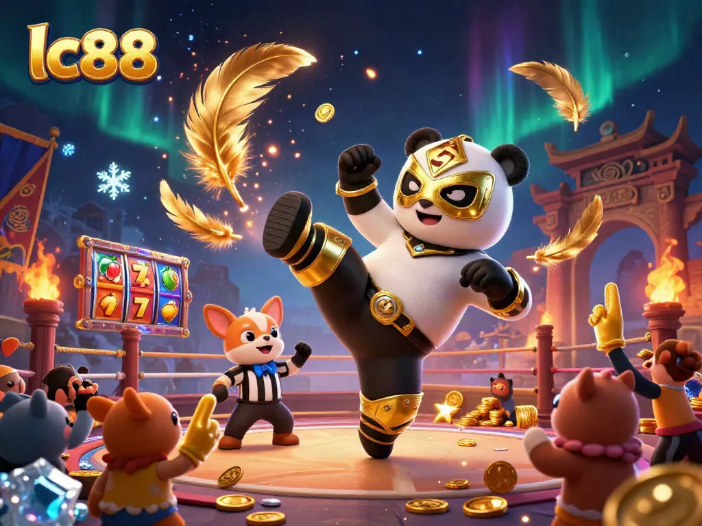 Witness the exciting lc88 casino scene featuring a panda wrestler and animal fans celebrating wins.