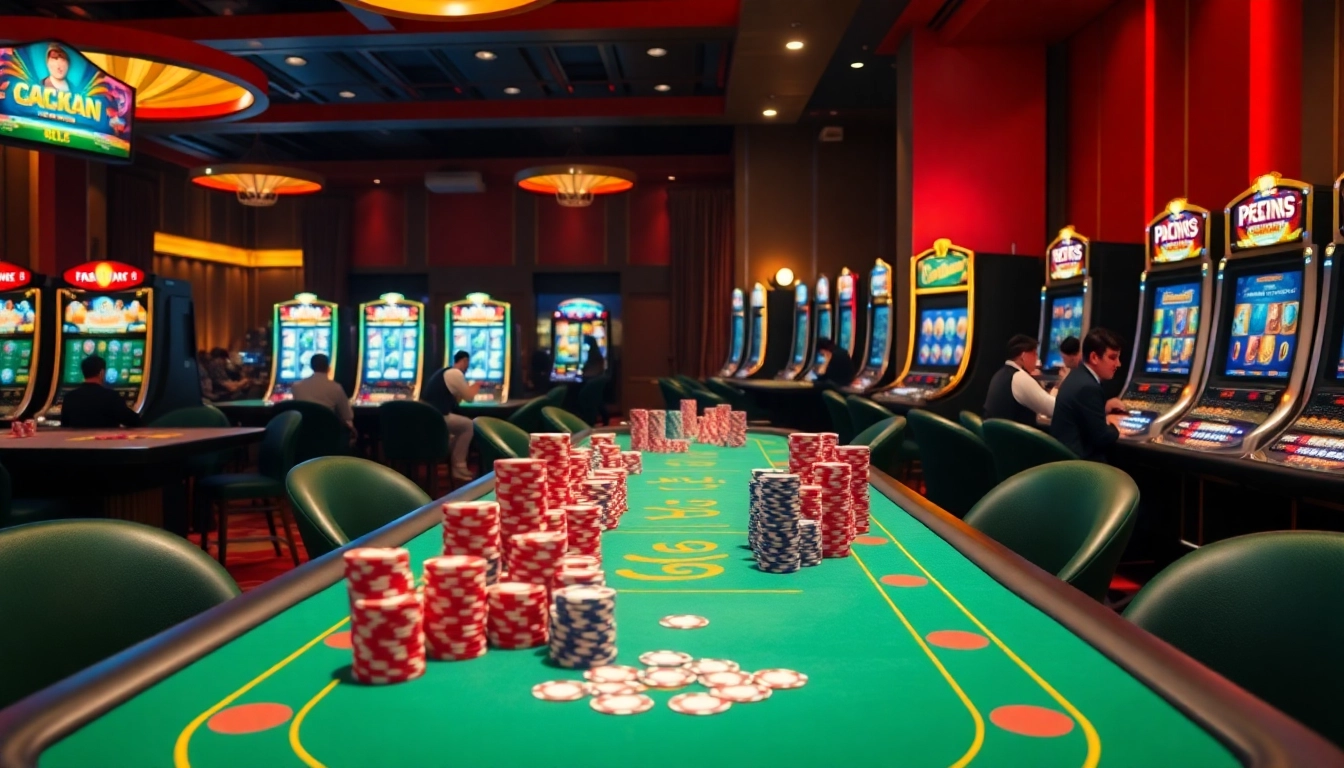 Engage in exciting gaming at kjc.com with vibrant casino tables and colorful poker chips.