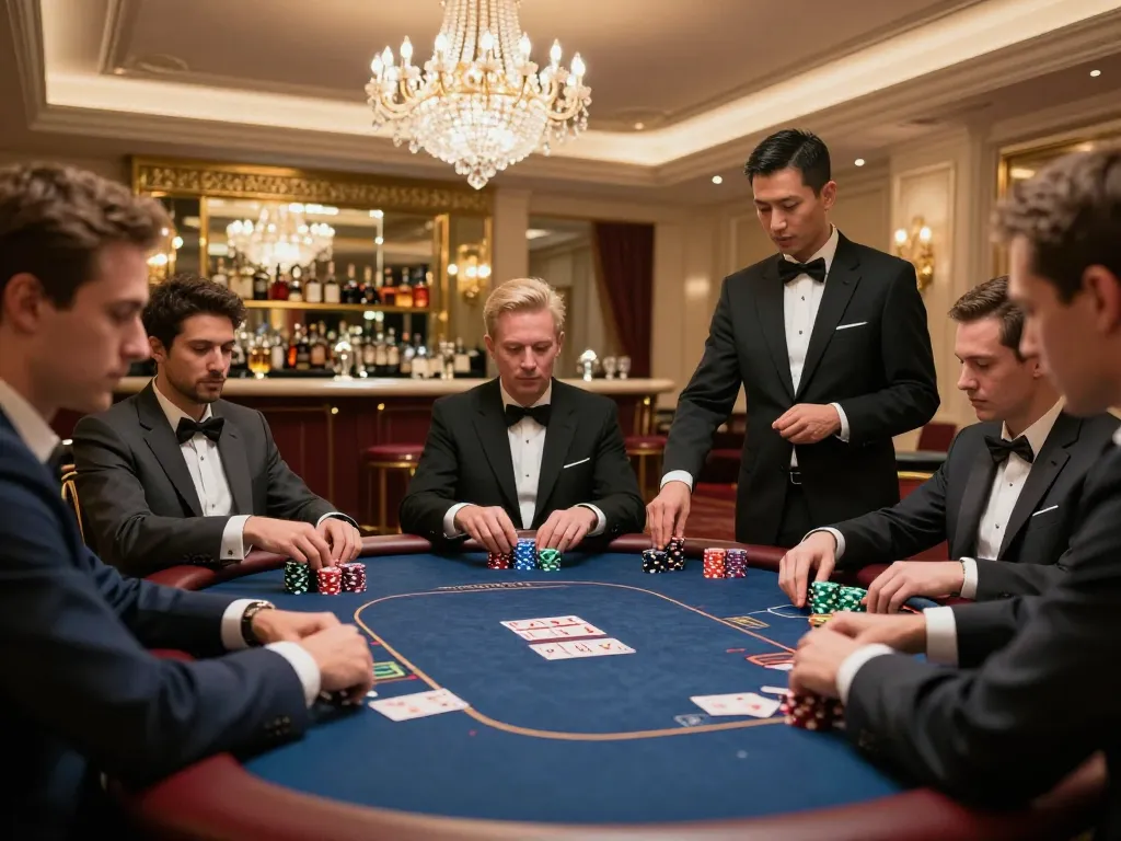 Players engaging in a high-stakes poker game in a luxurious VIP area at 789WIN casino, showcasing strategic gambling.