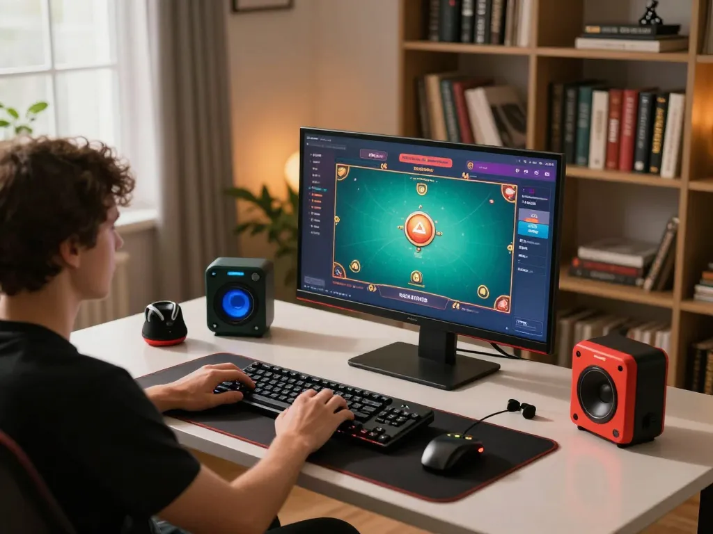 Engaged player using 33win online platform for strategic poker gameplay in stylish home setting