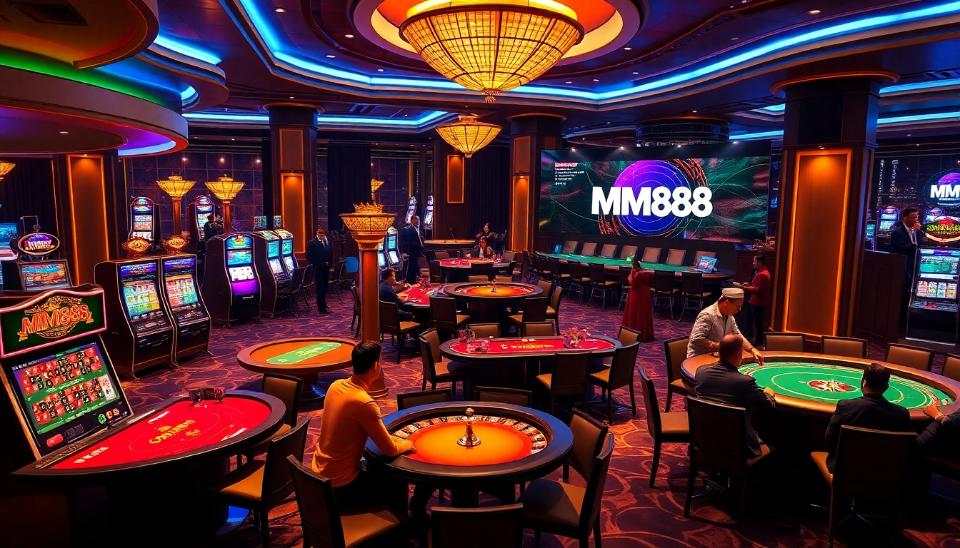 MM88 branding displayed amidst an exciting casino scene featuring poker, blackjack, and roulette.