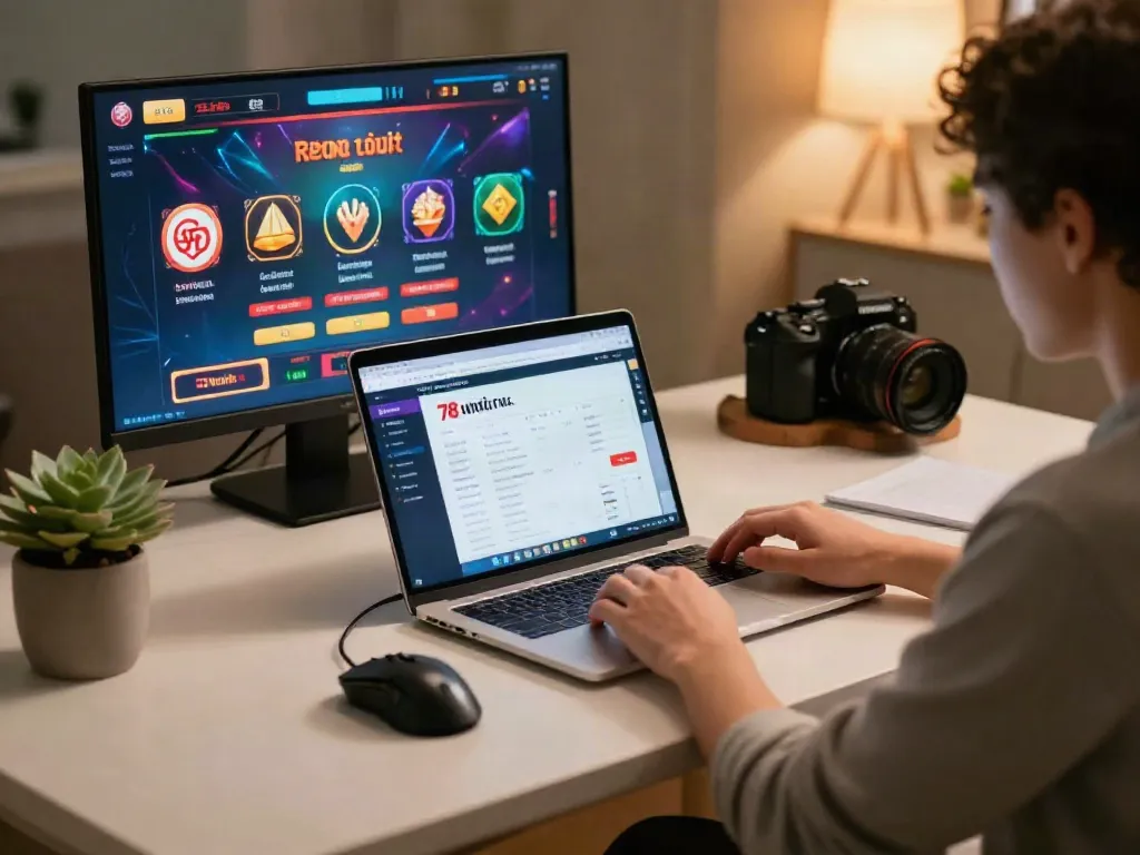 Explore the 78win link chính thức in a stylish home office setup featuring a laptop and gaming accessories.