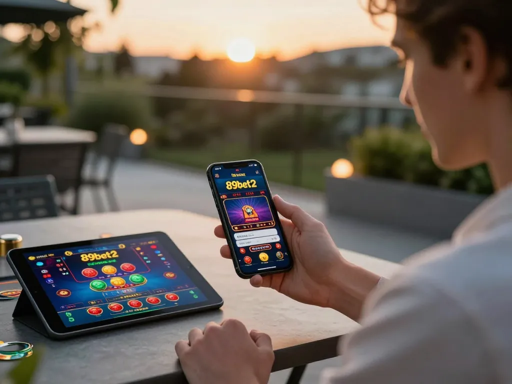 Engaging gameplay on the 89bet2 mobile app, highlighting a stylish outdoor gaming setup.
