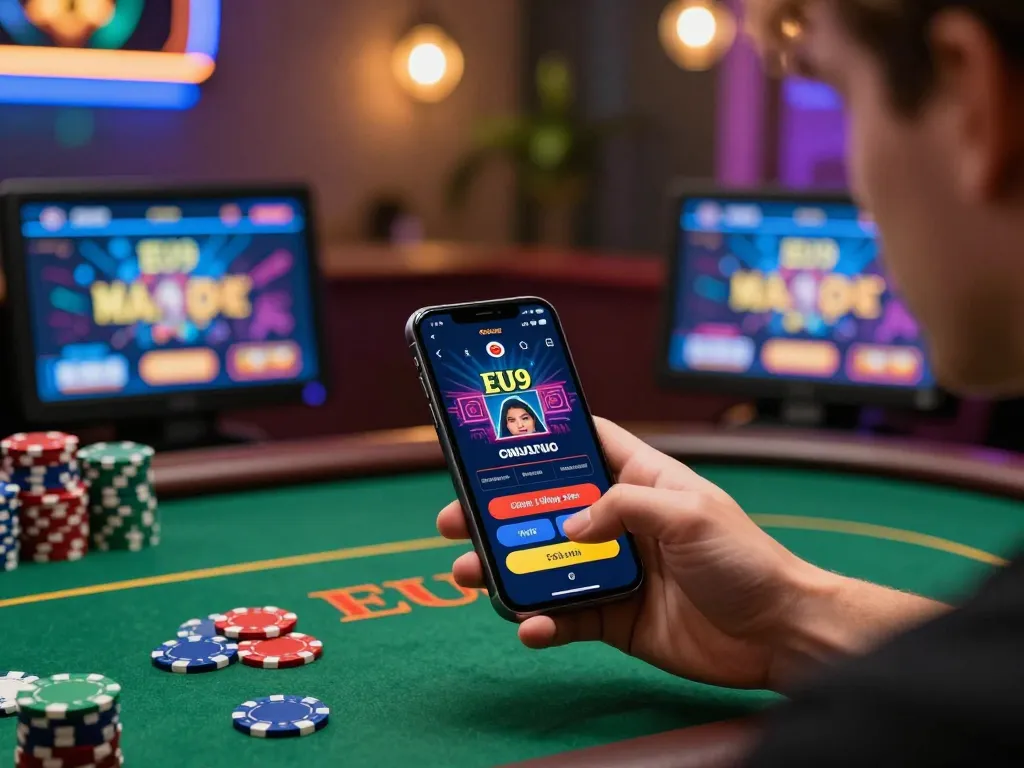 Experience gaming action at EU9 Malaysia online casino with a user enjoying vibrant app features.