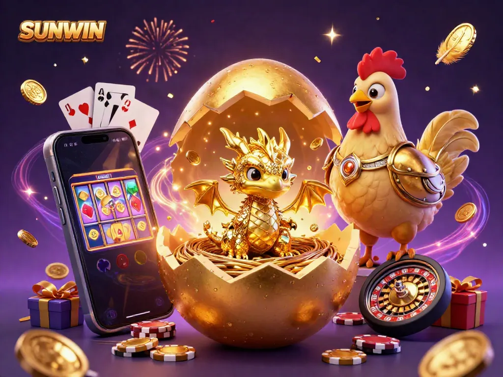 SUNWIN showcases a charming golden dragon from a cracking egg amidst poker chips, celebrating casino moments.