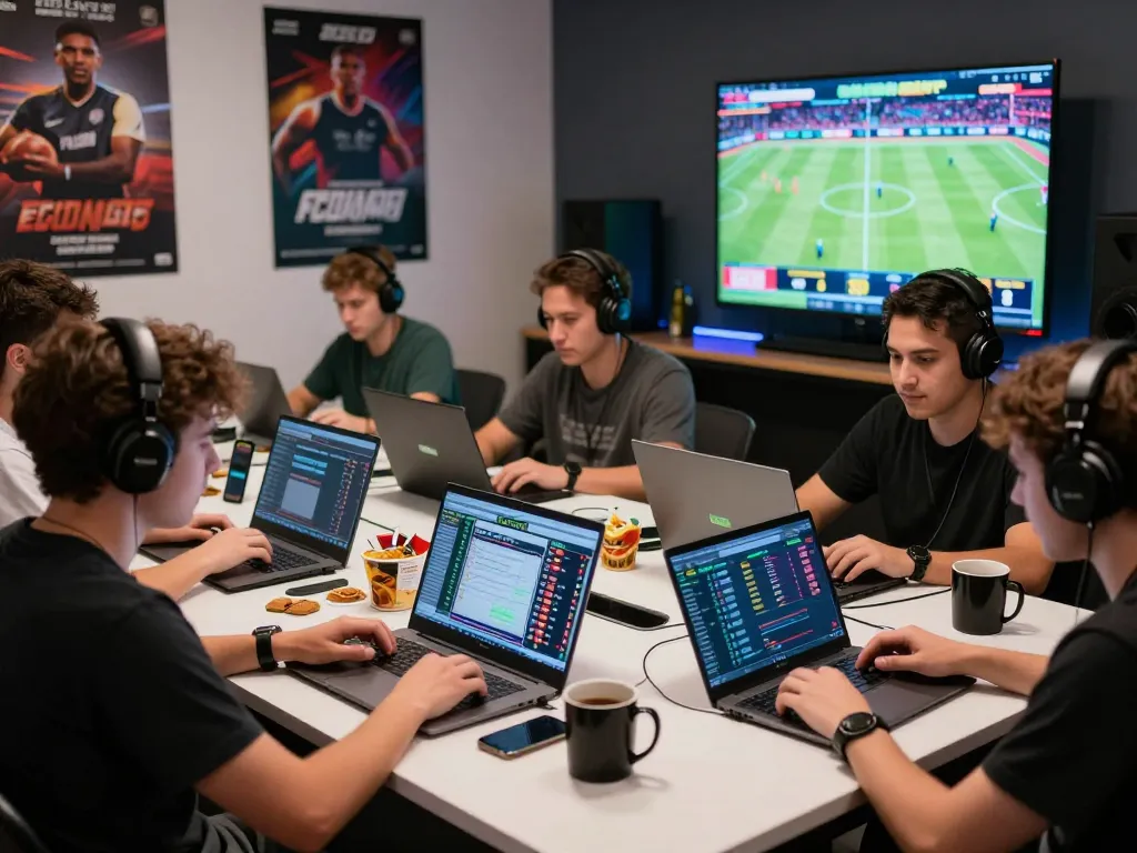 Enthusiastic bettors engaging in 1gom online sports betting environment with vibrant screens and sports feeds.