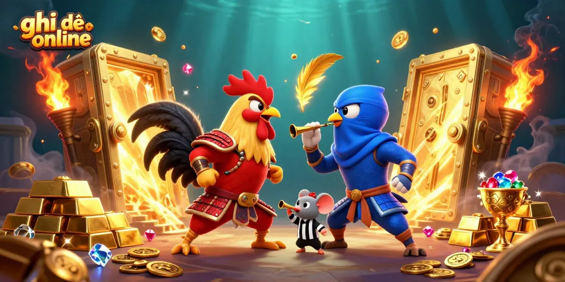 Experience thrilling ghi đề online with dynamic roosters in a dramatic showdown, featuring golden treasures.