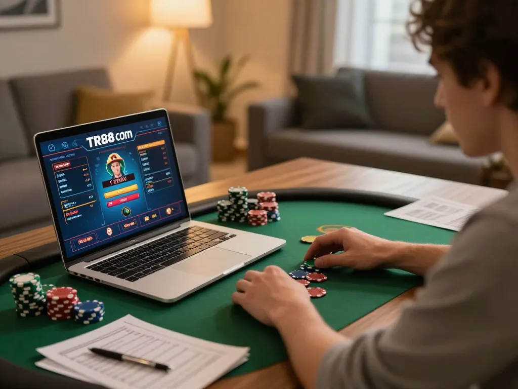Experience strategic betting at TR88 com with an engaged player analyzing cards and strategy notes.