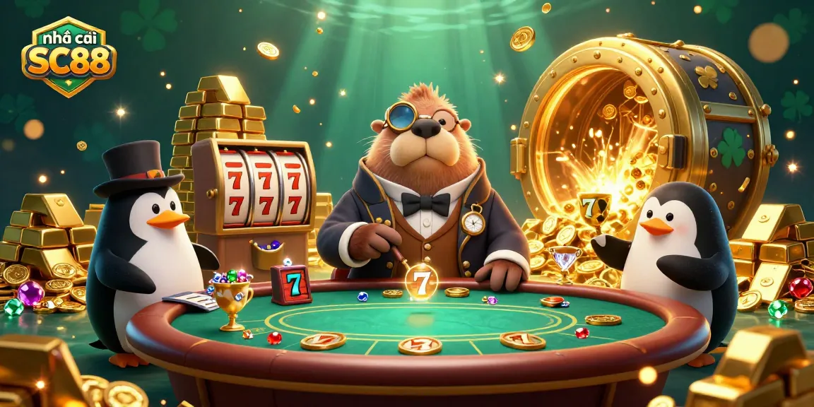 Experience exciting gameplay at nhà cái SC88 with jolly characters, vibrant casino elements, and dazzling treasures.