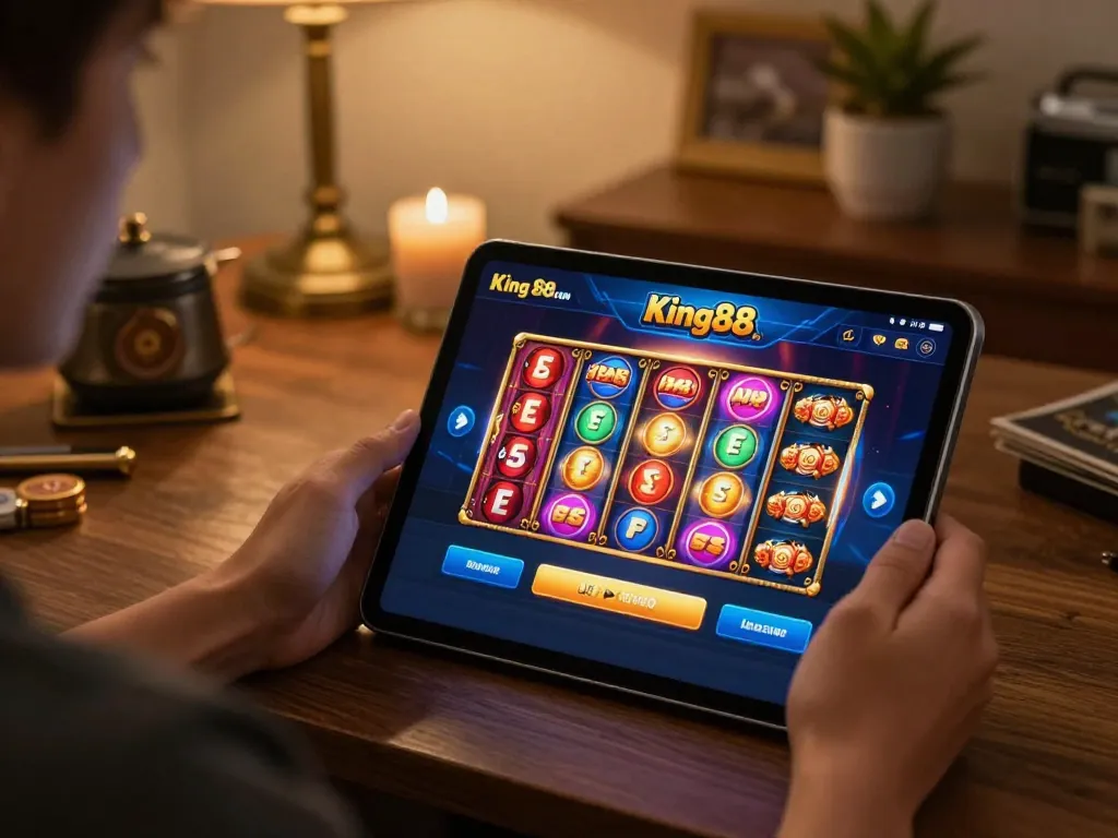 Engaged player using king88 com for online slots with colorful interface in cozy home setup.