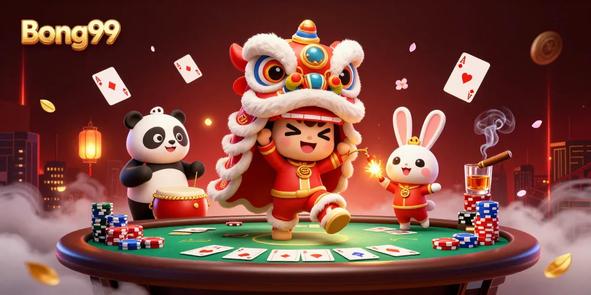 Bong99 captivates with vibrant lion dance and poker elements in a rich casino scene.