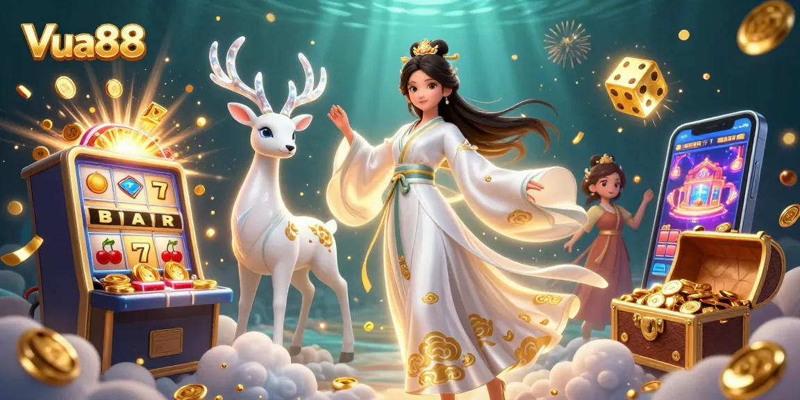 Experience thrilling gaming action with Vua88 in this vibrant 3D casino illustration.