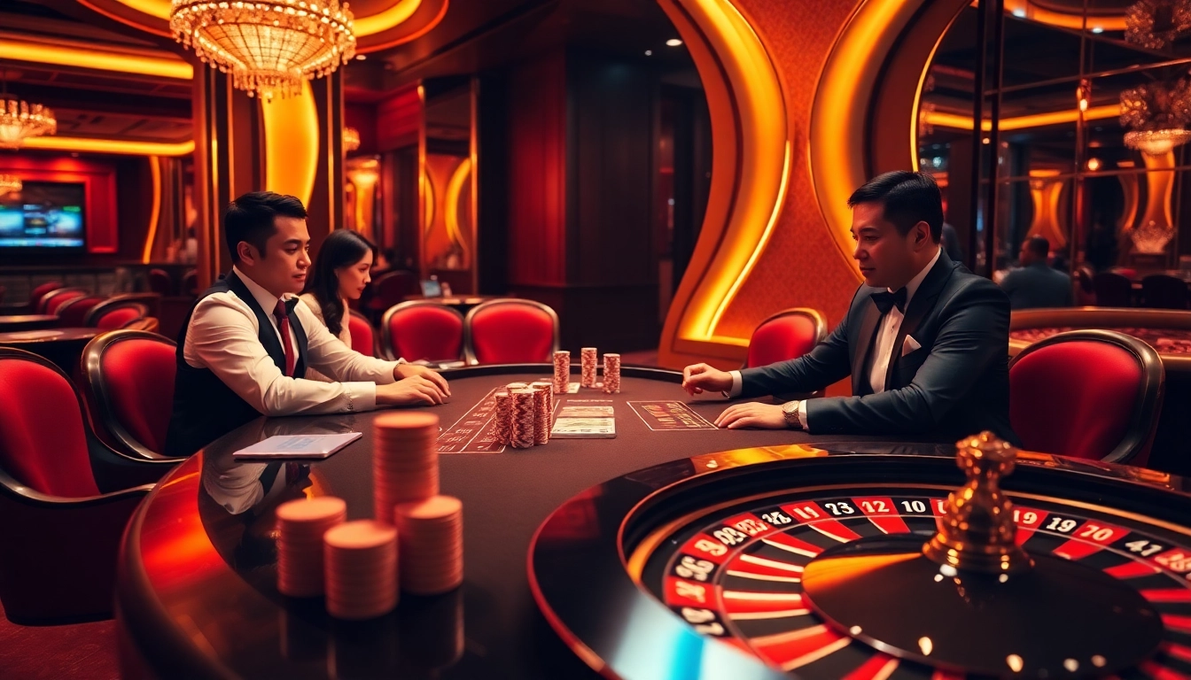 Players enjoying the thrilling TR88 game at a sophisticated casino table with vibrant ambiance.