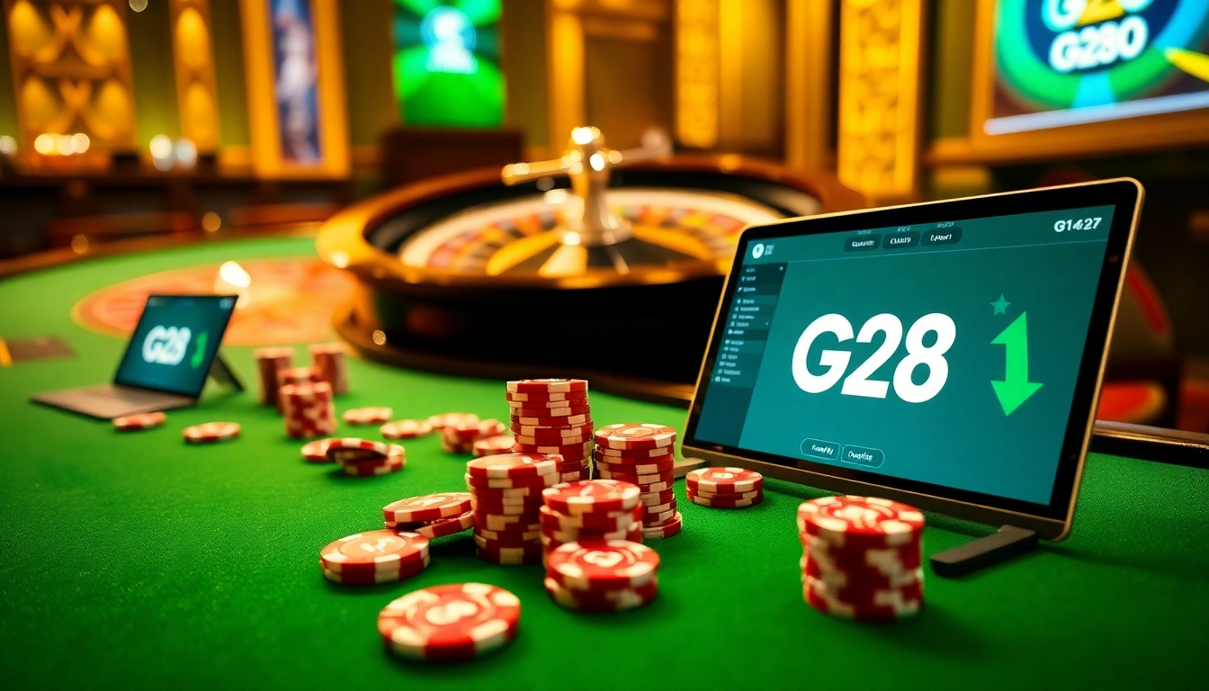 Experience G28's online casino with vibrant poker chips and a roulette wheel in a luxurious setting.