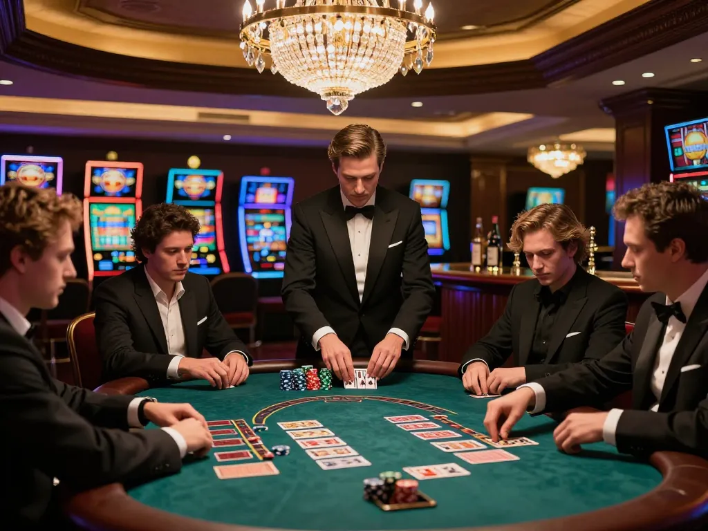 Players engaging in intense blackjack gameplay at a luxurious casino, showcasing sunwin winning strategies.