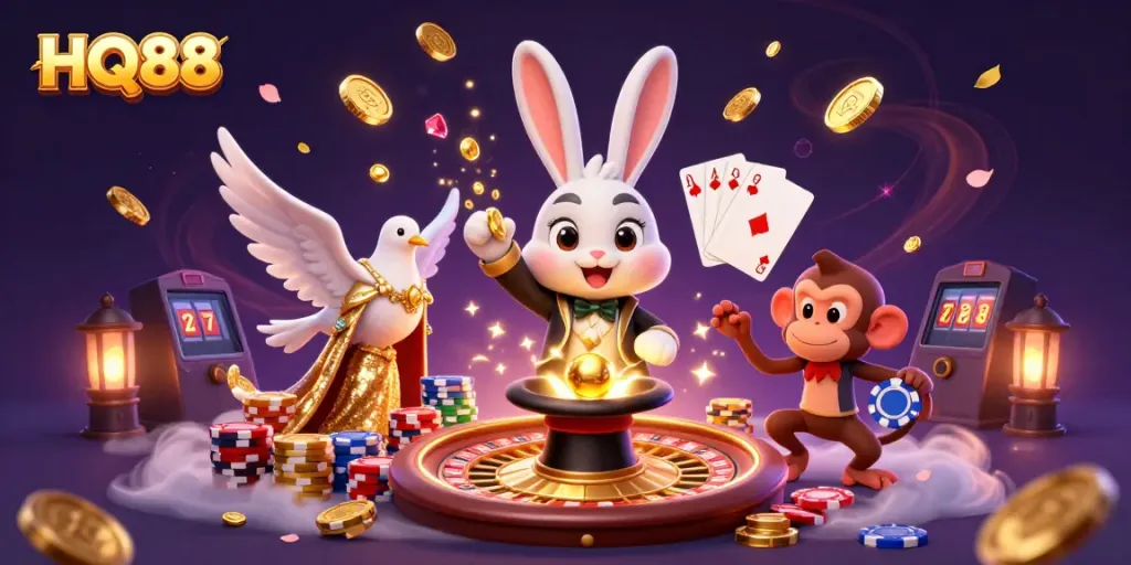 Watch HQ88's magician rabbit conjuring coins, with playful characters and a colorful casino theme