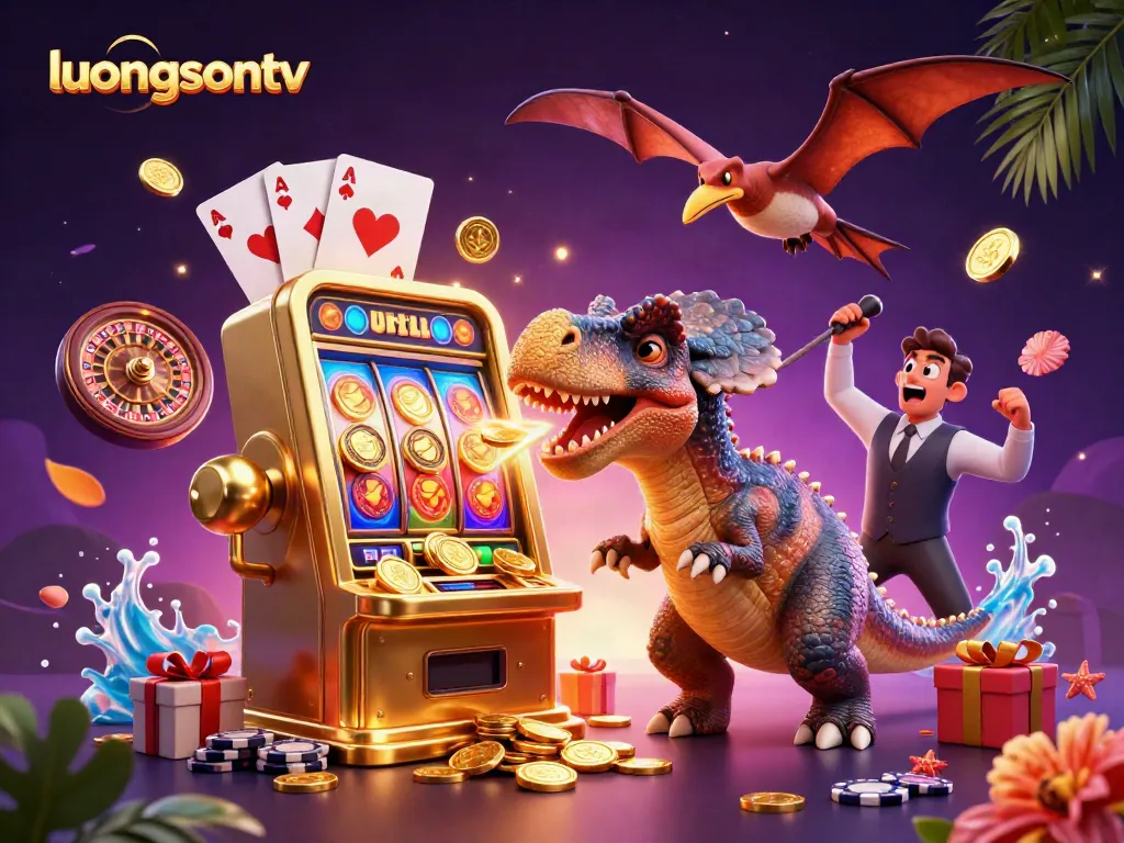 Experience the thrill of luongsontv as a cartoon dinosaur wins a jackpot at a vibrant casino scene.