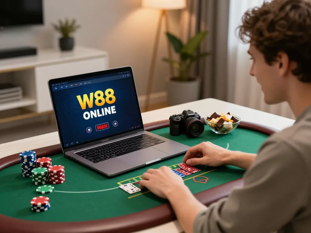Player enjoying a game on W88 betting platform in a stylish home, capturing the thrill of gaming.