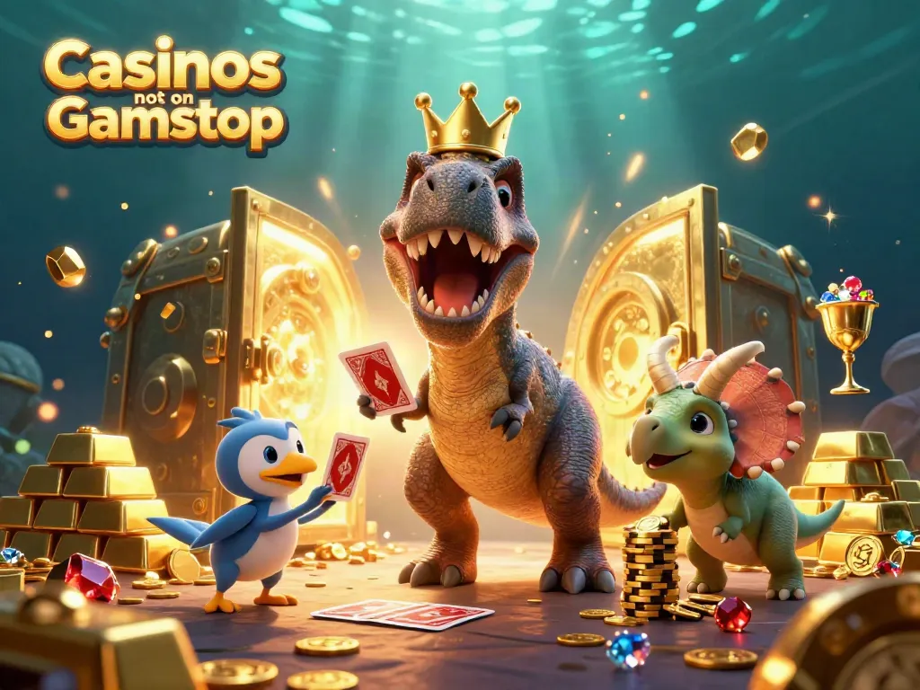 Engaging 3D illustration of Casinos not on Gamstop with a friendly T-Rex shuffling cards and a pterodactyl assistant.