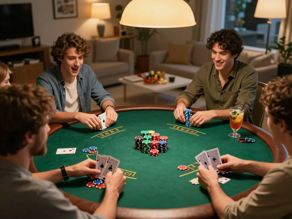 Link vào 98win with friends playing poker during an exciting home game night, showcasing chips and cards.