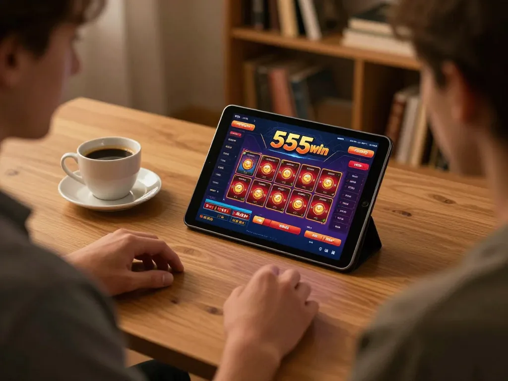 Engaging user at home betting on 555win, showcasing digital tablet with casino interface.