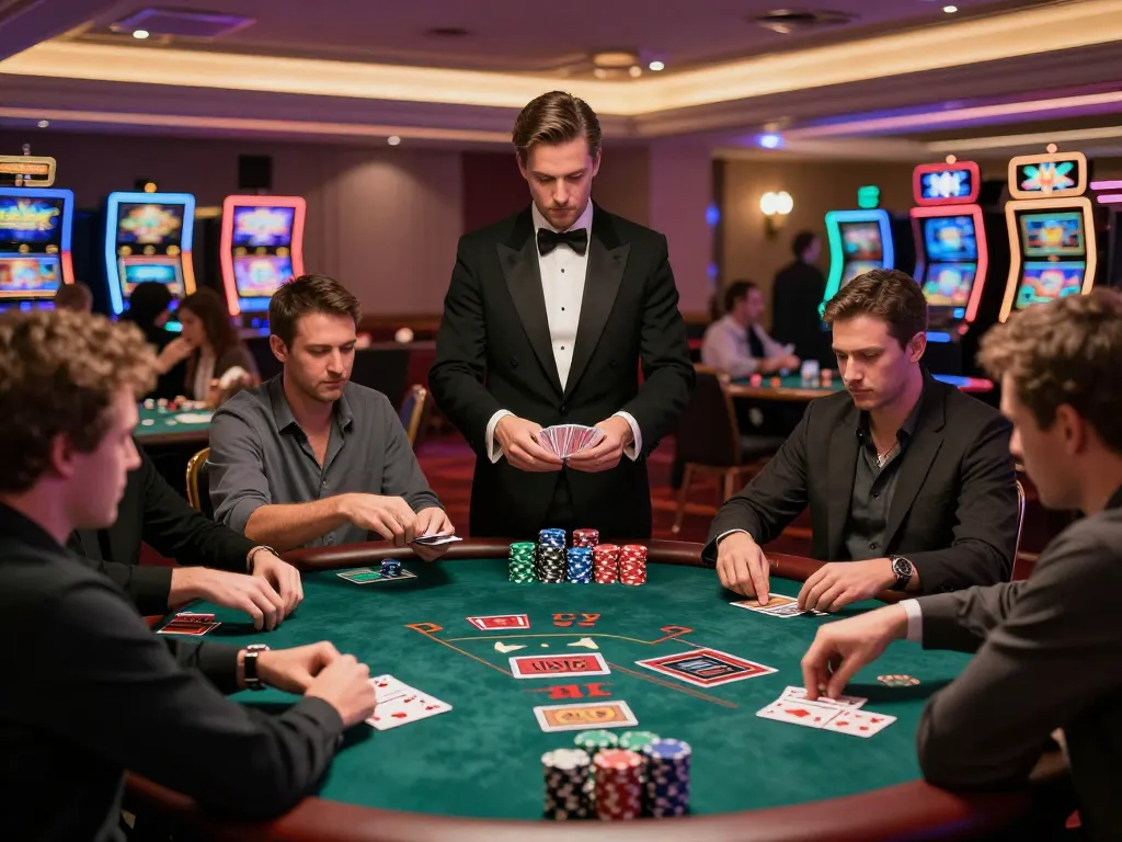 789betgo players engaging in high-stakes poker at an elegant casino table, capturing the thrill and strategy of the game.