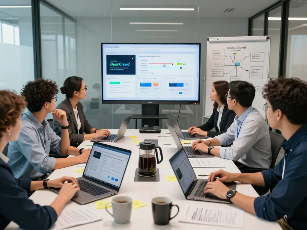 OpenClawd team collaboration in a modern workspace demonstrating AI features.