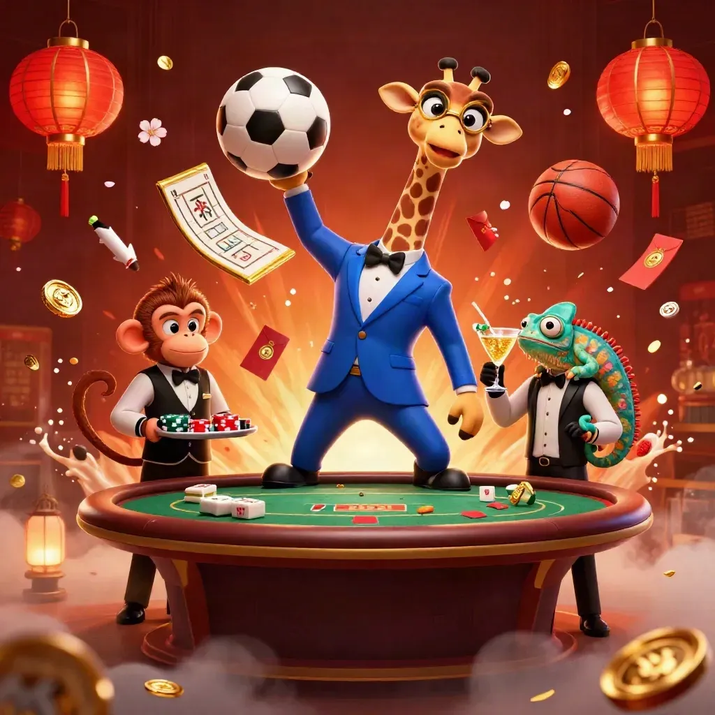 Low-angle casino-sport splash with mascot giraffe, monkey valet, chameleon bartender, and flying ball