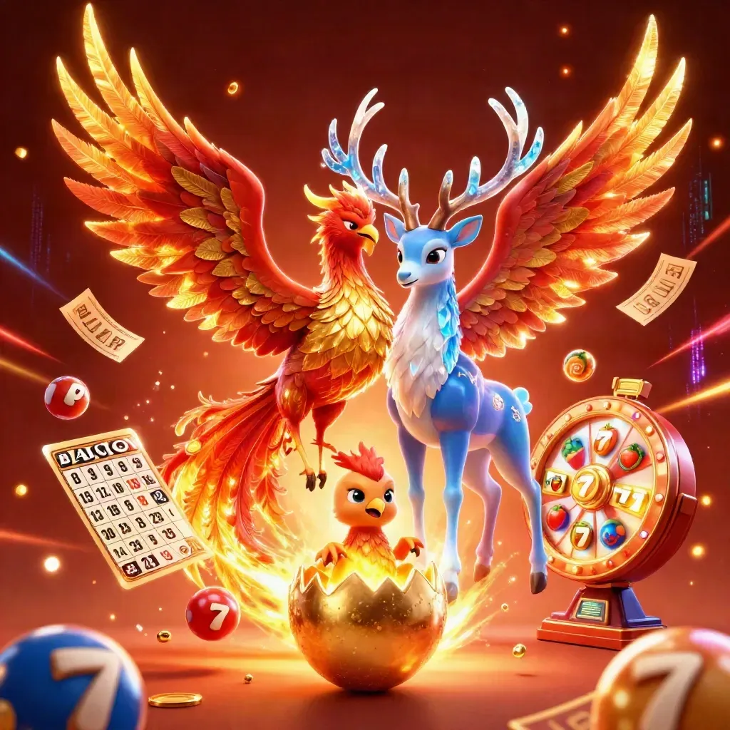 Fire phoenix, hatching baby phoenix, and crystal stag amid casino reels and neon embers.