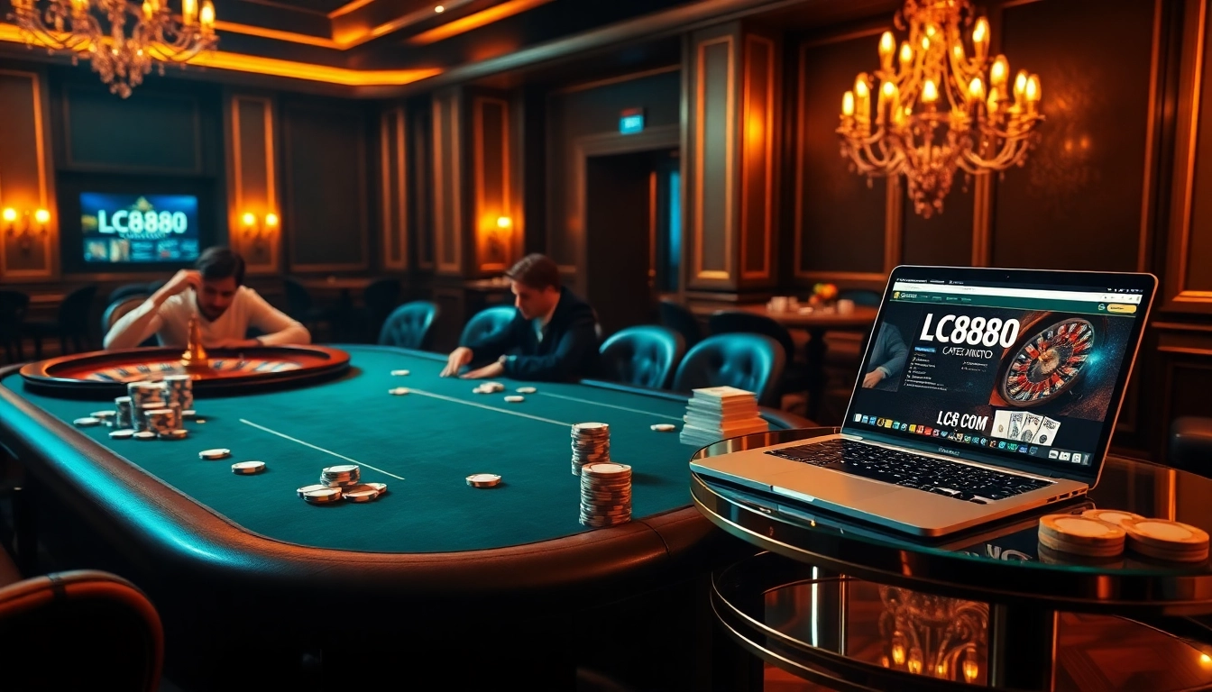 Experience high-stakes action at LC88 COM with a luxurious casino scene featuring poker and roulette.