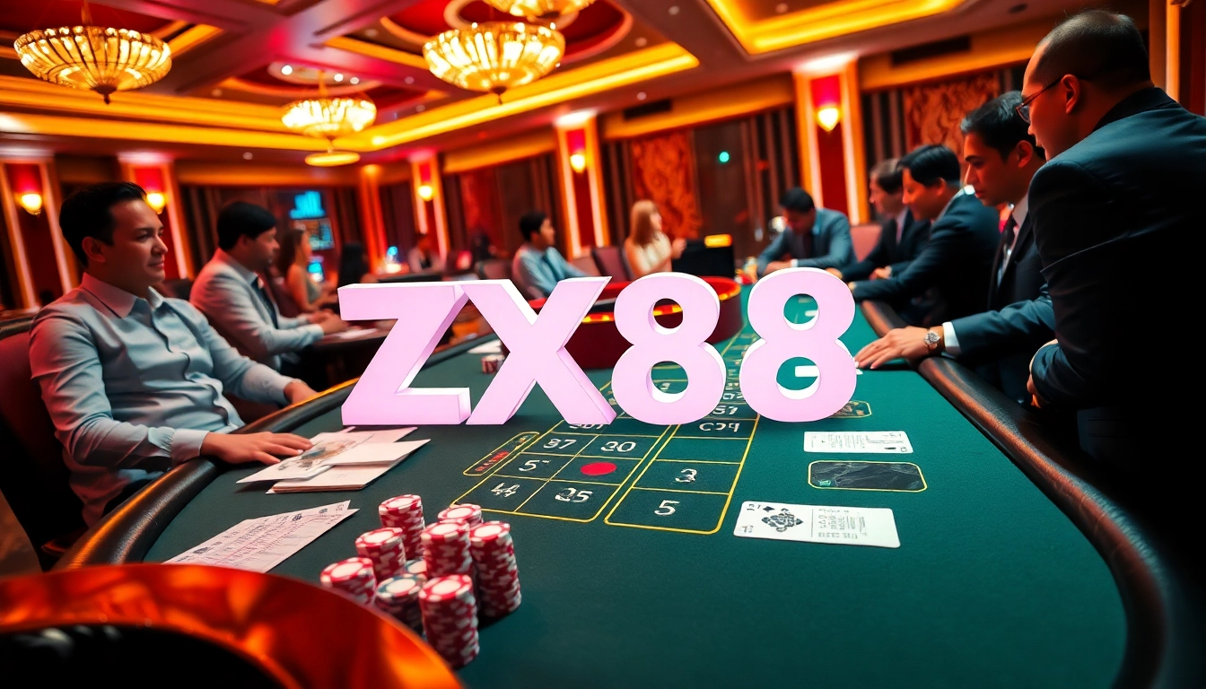 ZX88 logo displayed on a luxurious poker table with vibrant casino elements.