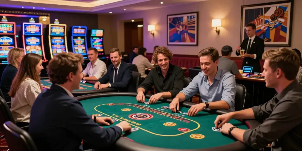 Players enjoying thrilling games at the vibrant online gambling scene on https://c168slot2.com/ with dynamic tables and ambient lighting.