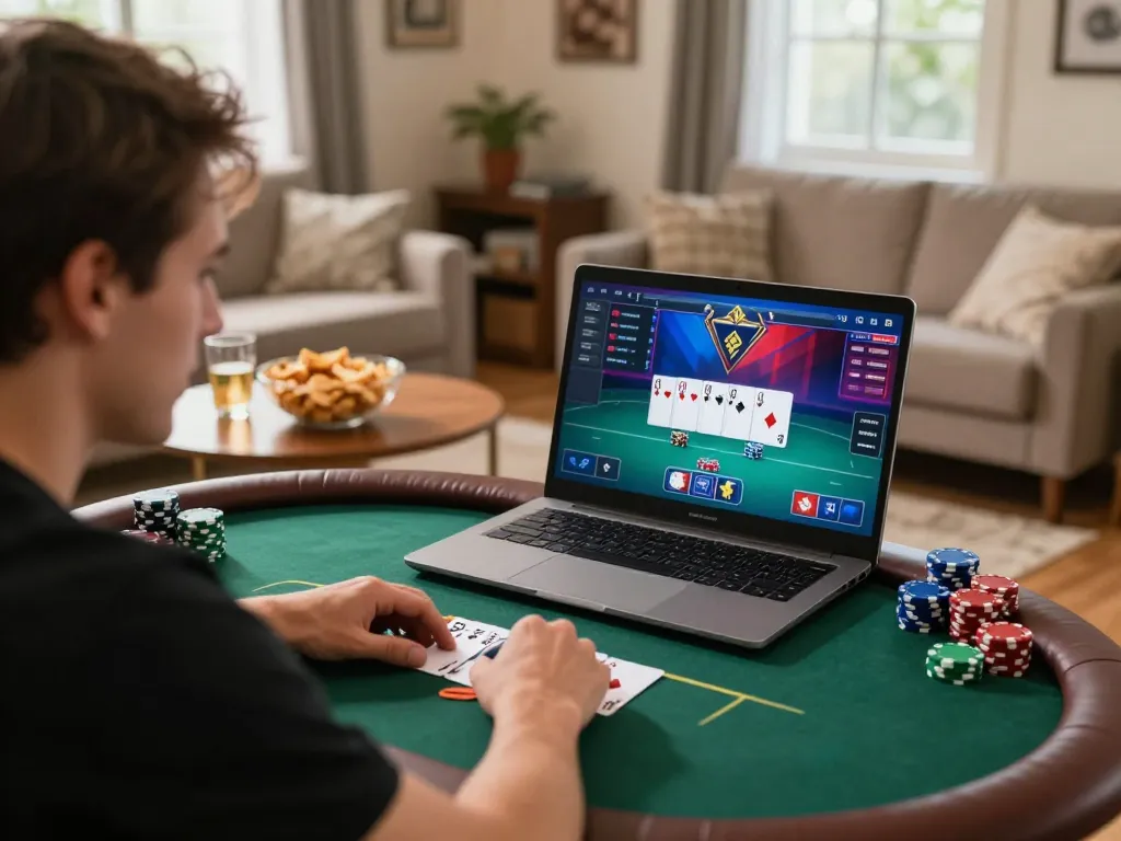 Engaging online poker gameplay at home on 789win com featuring a focused player and vibrant game interface.