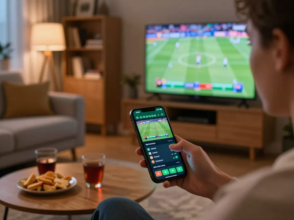 Engaging in sports betting with fabet app while watching live game in cozy setting