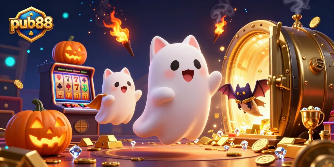 Experience the magical casino adventure with pub88 featuring a friendly ghost cat, bat companion, and glowing treasures.