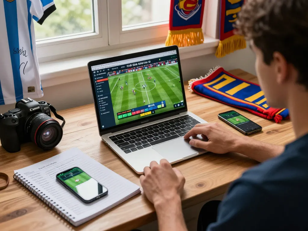 Analyzing tỷ lệ kèo bóng đá at a cozy desktop filled with football memorabilia and betting strategies.