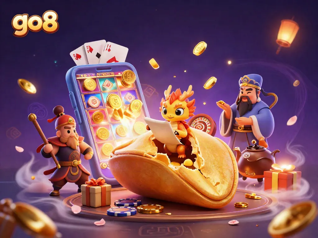 Engage with go8's exciting casino games as a wise dragon reads fortunes from a golden fortune cookie
