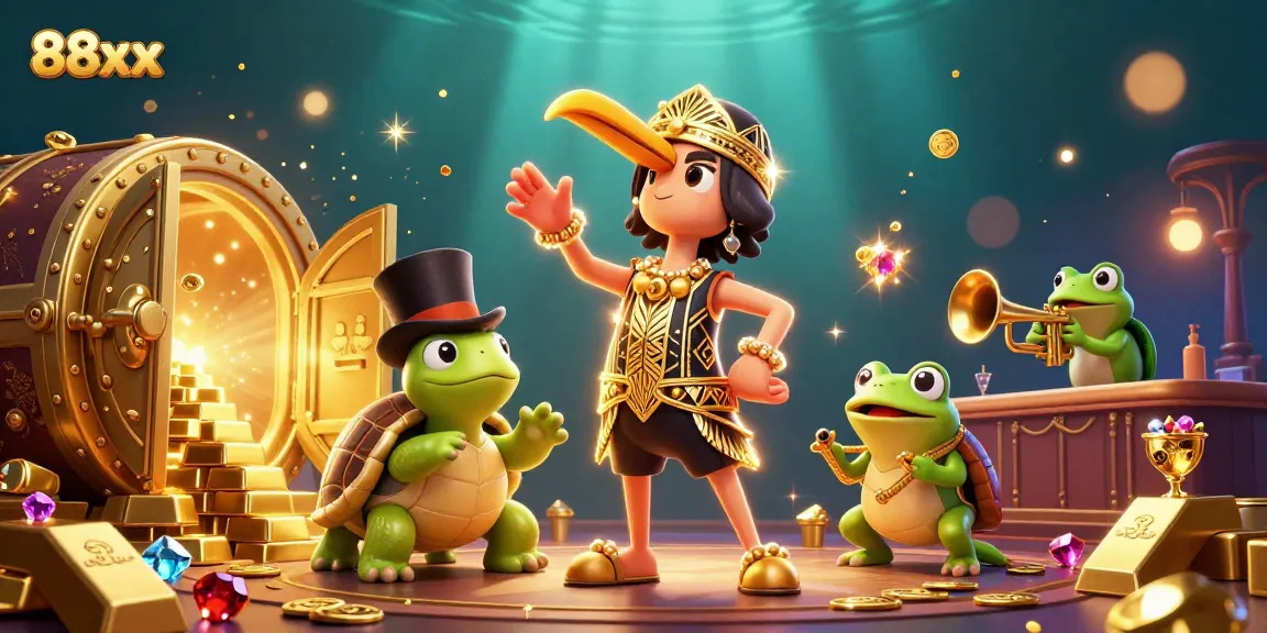 Experience thrilling wins at 88xx with a dazzling 3D casino scene featuring iconic characters and luxurious treasure.