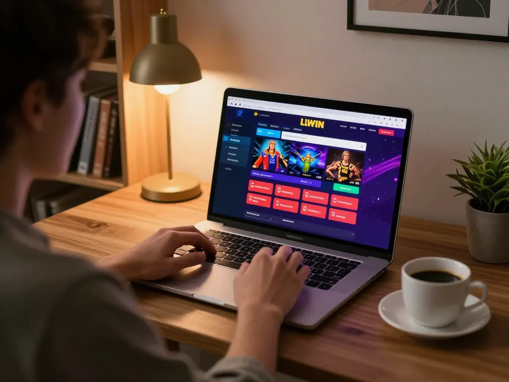 Person enjoying LLWIN online gaming on a laptop, showcasing strategic betting in a cozy home setting.