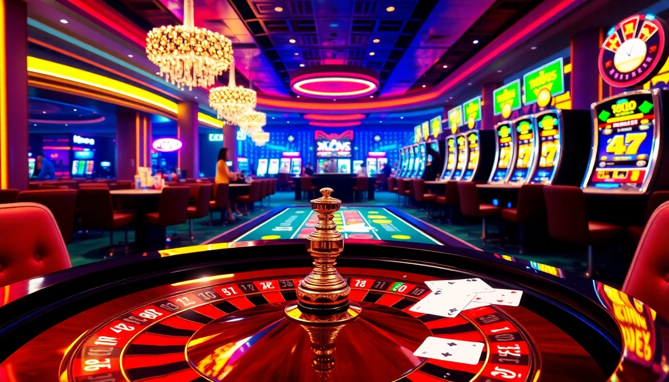 xoso66 online gambling interface showcasing vibrant casino atmosphere with poker, roulette, and slot machines.