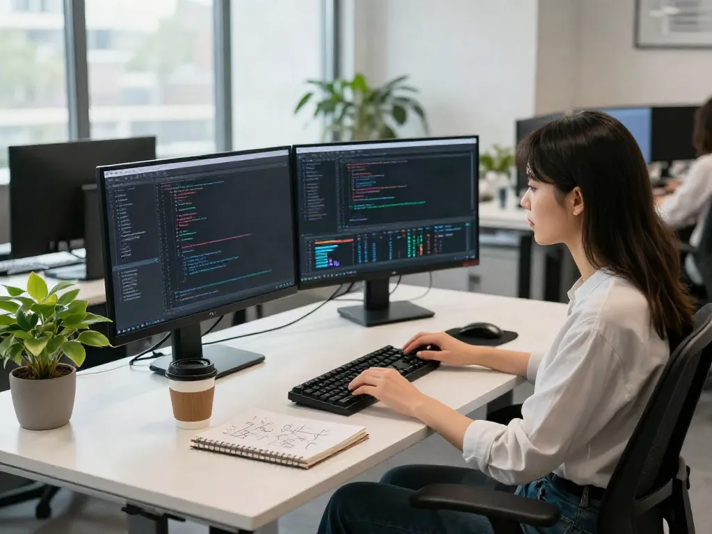 Developer using instant indexing tools in a modern tech workspace