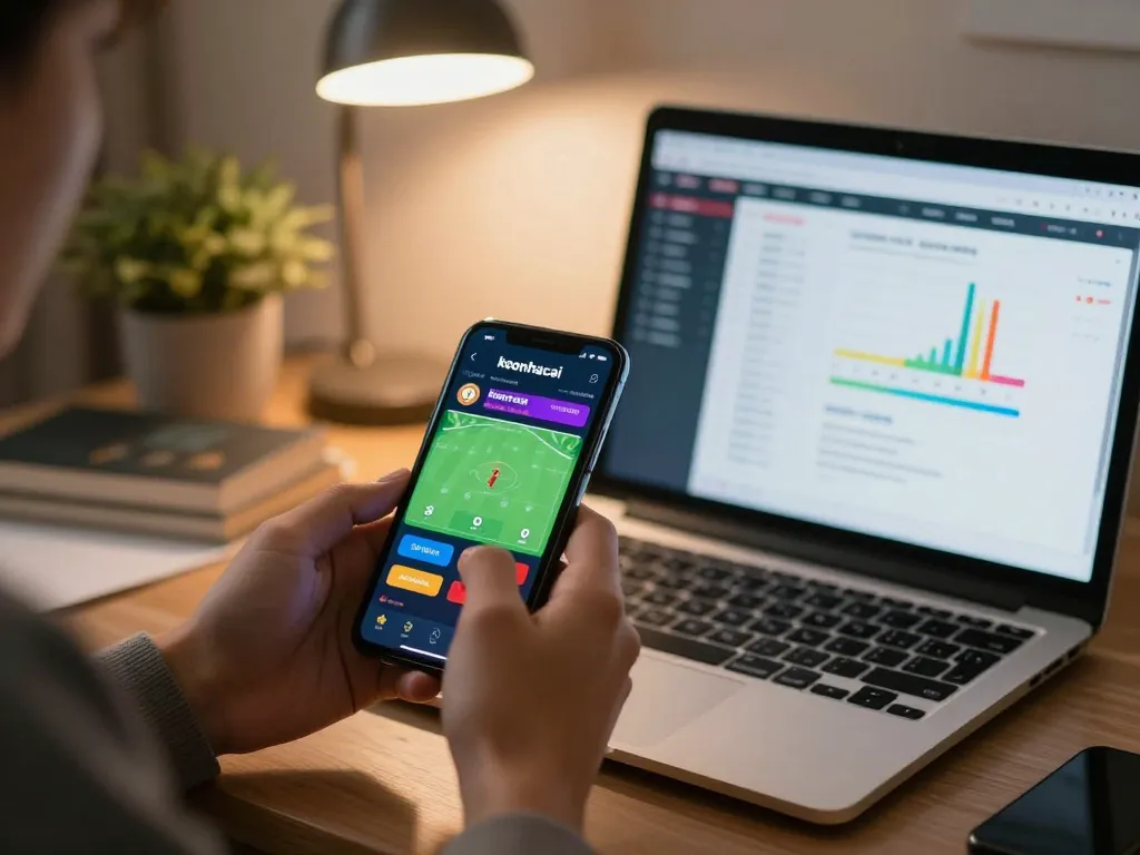 Engaging in keonhacai sports betting through a smartphone app in a stylish home office