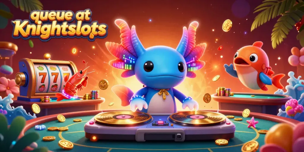Enjoy the vibrant queue at Knightslots with a neon DJ and slot reels in action.