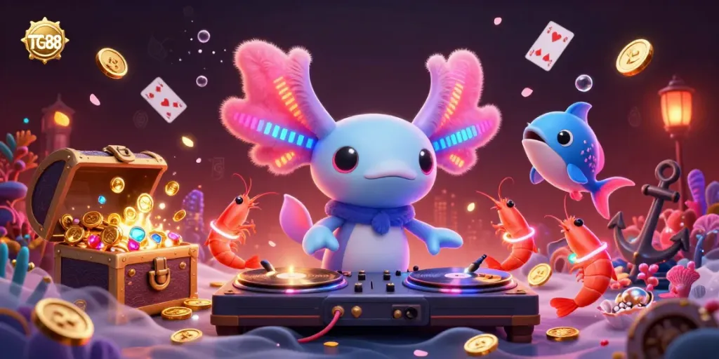 Experience the vibrant energy of TG88 with a neon-colored axolotl DJ and lively shrimp in a bustling underwater casino scene.