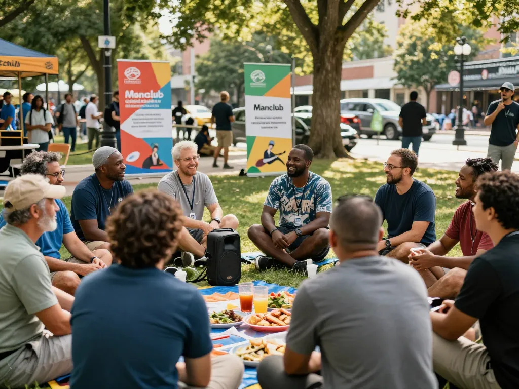 Men discussing personal stories in a community event for the Manclub initiative.